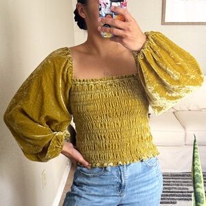 Anthropologie Chartreuse Velvet Smocked Long Sleeve Top